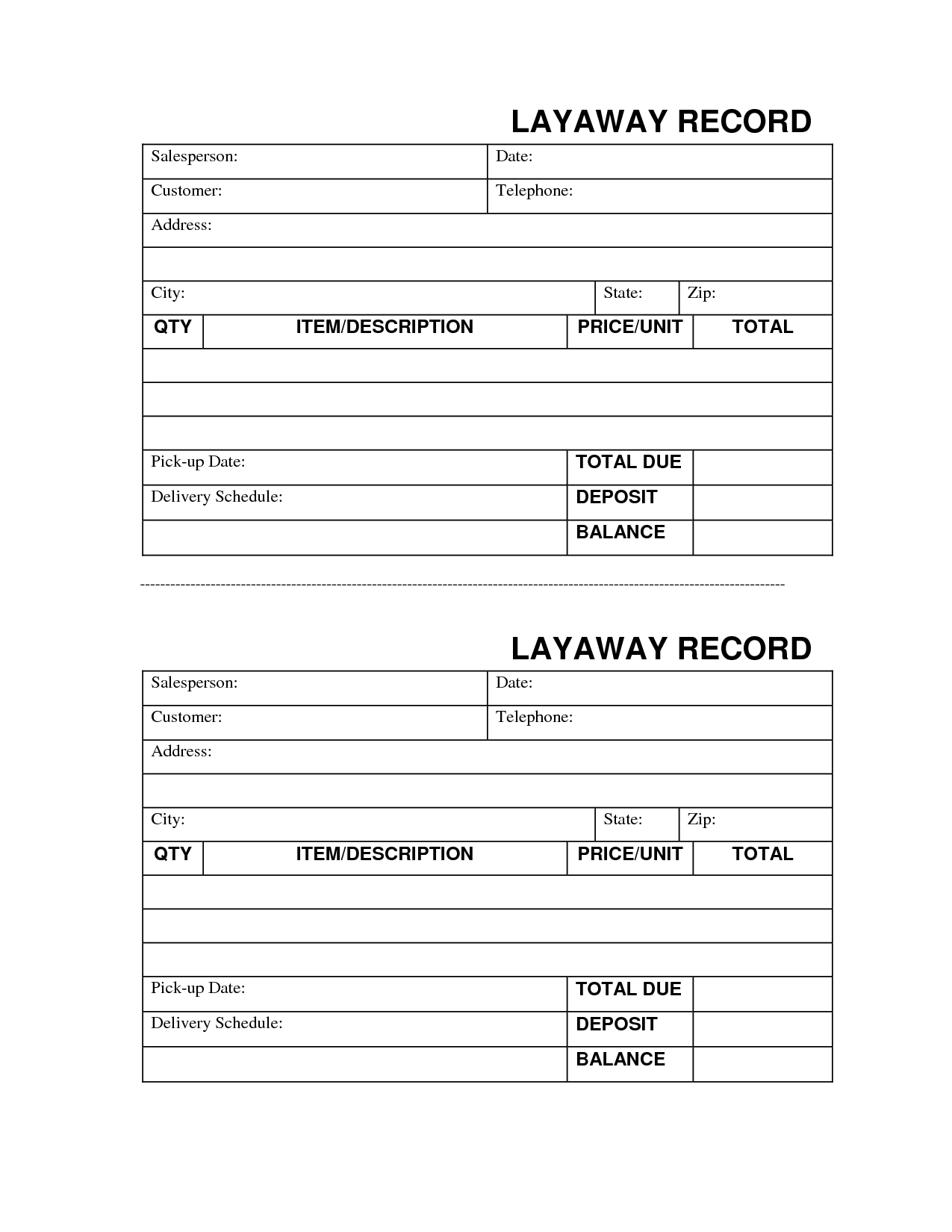 Free Printable Layaway Forms Free Printable