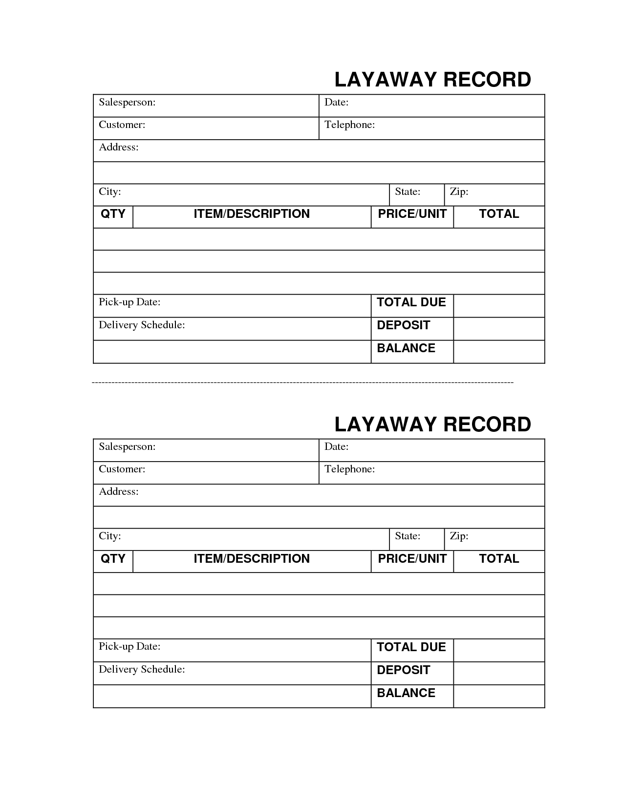 Free Layaway Payment Receipt Templates