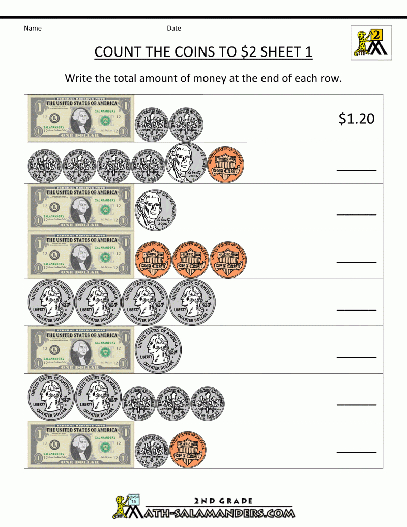 2Nd Grade Math Worksheets Count The Coins To 2 Dollars 1 | Delanye - Free Printable Making Change Worksheets