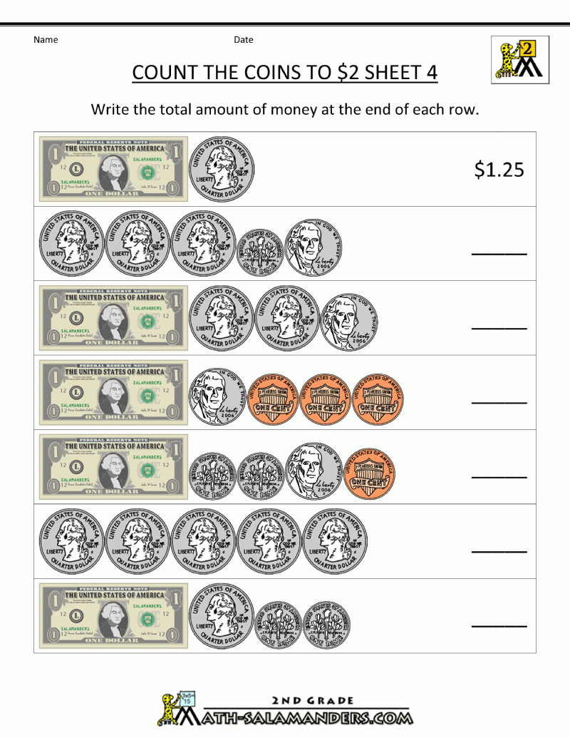 2Nd Grade Money Worksheets Up To $2 - Free Printable Counting Money Worksheets For 2Nd Grade