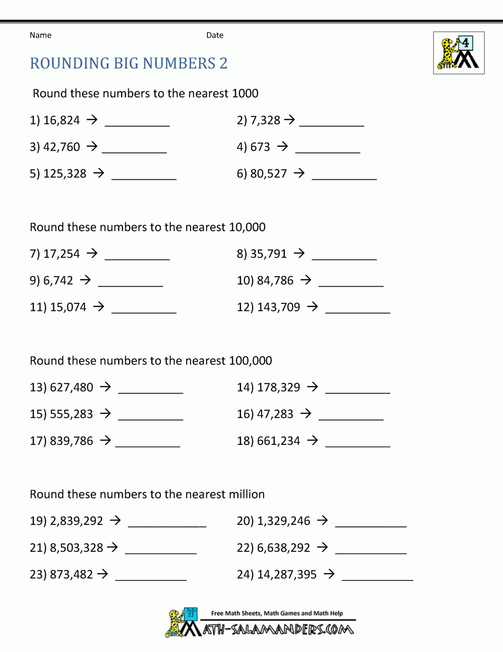 4Th Grade Math Worksheets: Reading, Writing And Rounding Big Numbers - Free Printable 4Th Grade Rounding Worksheets