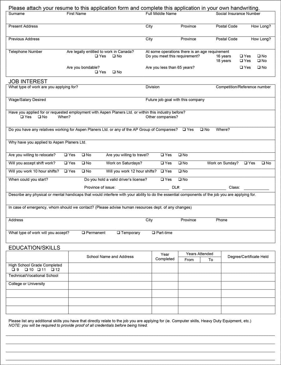 50 Free Employment / Job Application Form Templates [Printable] ᐅ - Application For Employment Form Free Printable
