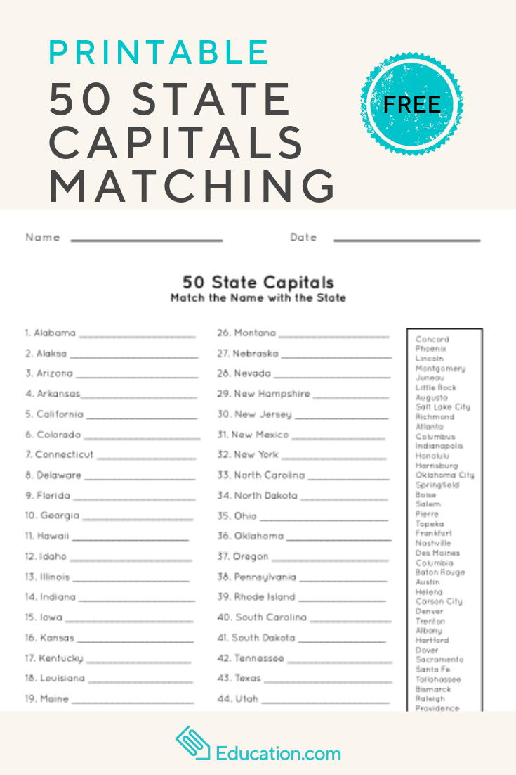 50 State Capitals | Social Studies | English Worksheets For Kids - Free Printable States And Capitals Worksheets