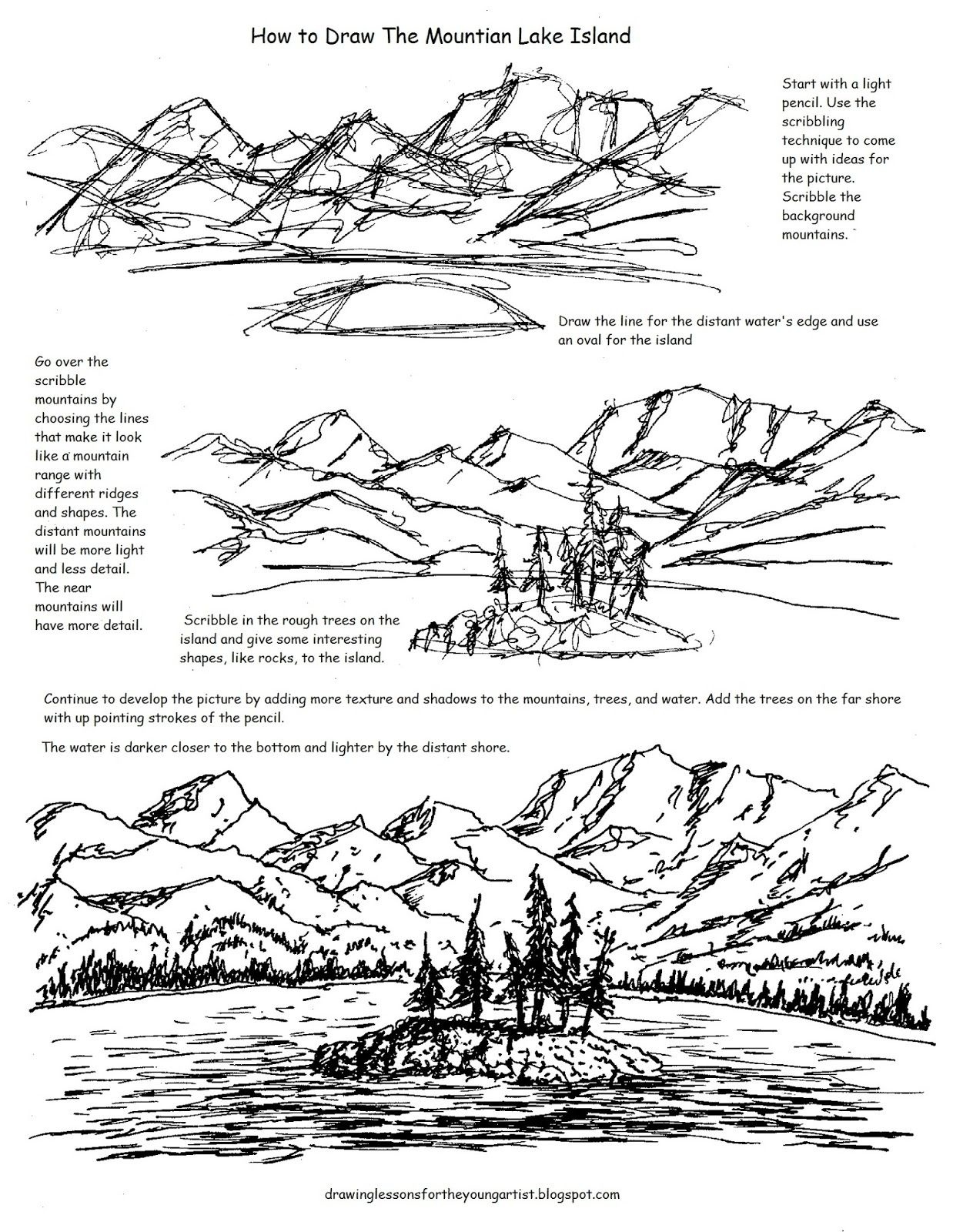 A Free Printable Worksheet For How To Draw A Mountain Lake - Free Printable Pencil Drawings