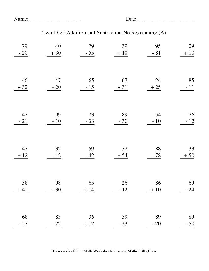 Adding And Subtracting Two-Digit Numbers -- No Regrouping (A) Math - Free Printable Double Digit Addition And Subtraction Worksheets