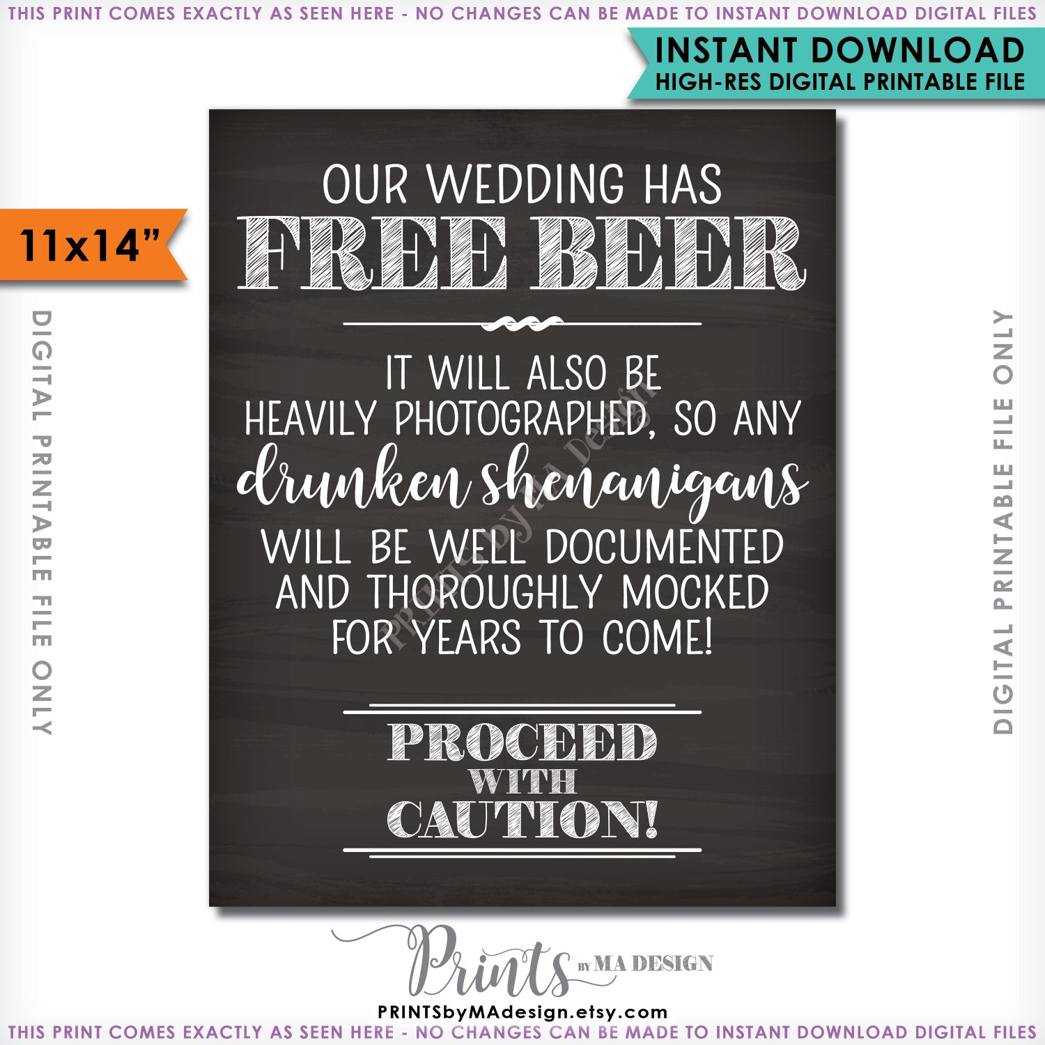 Bar Sign, Free Beer Wedding Bar Caution Sign, Drunken - Free Beer Printables