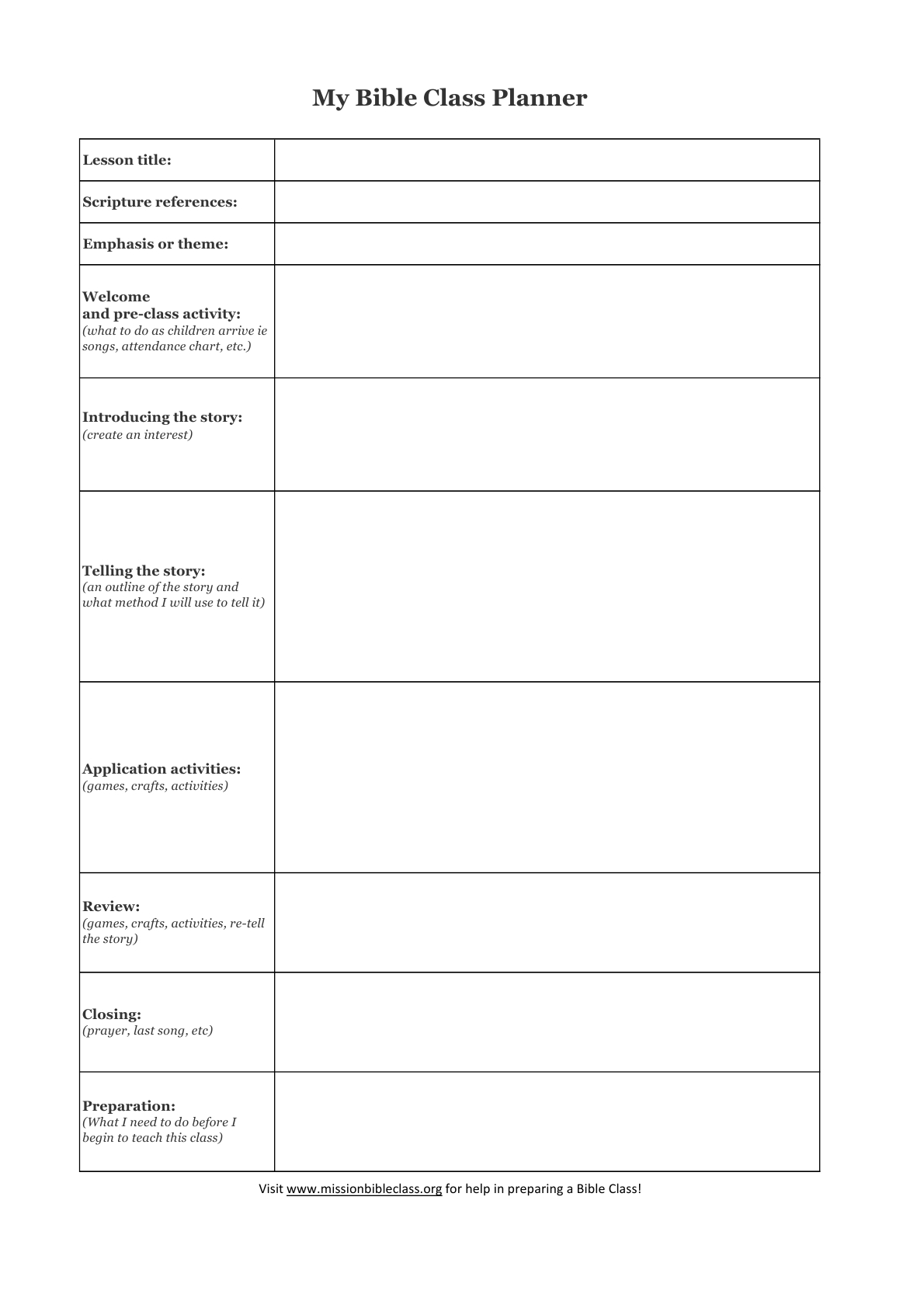 Blank Lesson Plan Templates To Print Mission Bible Class Free
