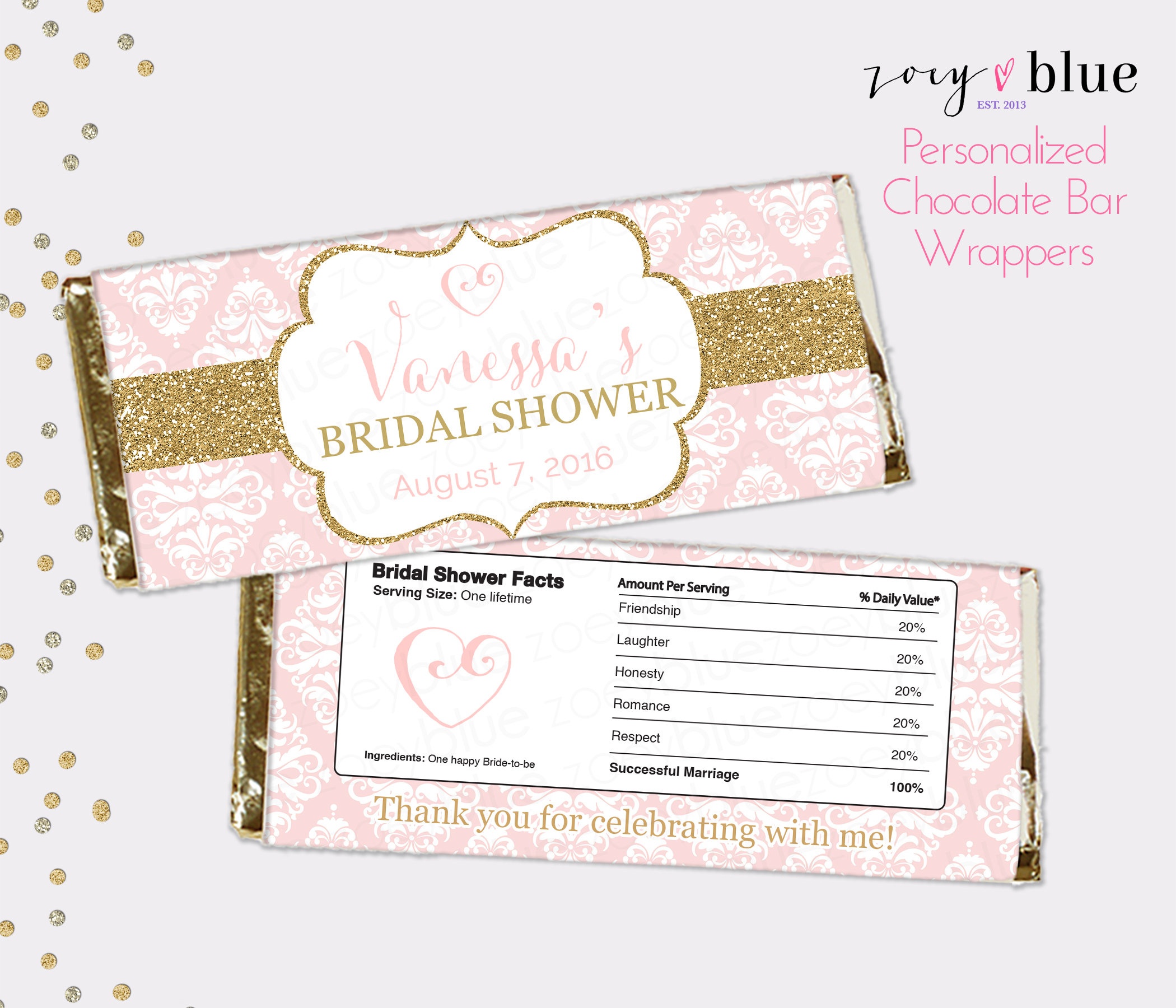 Blush Pink Gold Bridal Shower Chocolate Bar Wrapper | Etsy - Free Printable Candy Bar Wrappers For Bridal Shower
