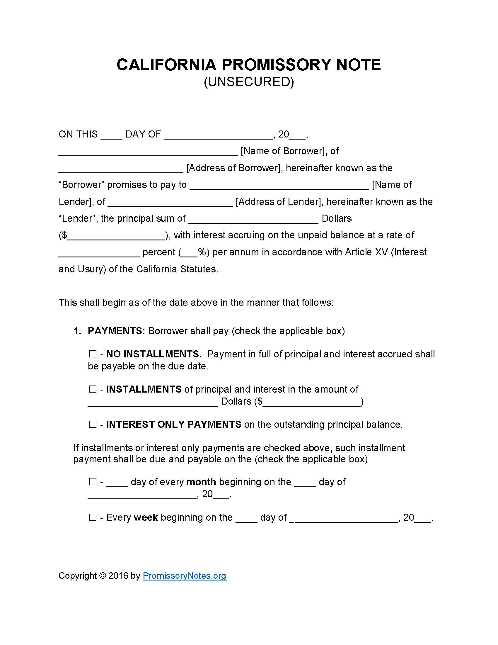 California Unsecured Promissory Note Template - Promissory Notes - Free Printable Promissory Note Pdf