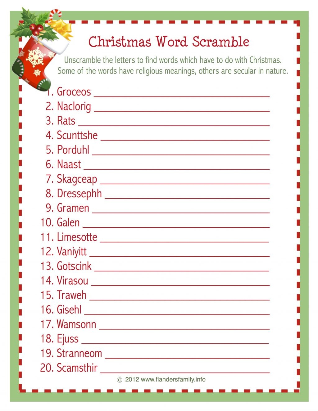 Christmas Word Scramble (Free Printable) - Flanders Family Homelife - Christmas Song Lyrics Game Free Printable