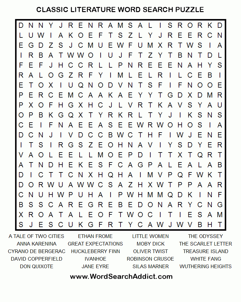 Classic Literature Word Search | Misc Stuff | Word Puzzles, Adult - Free Printable Word Searches Hard
