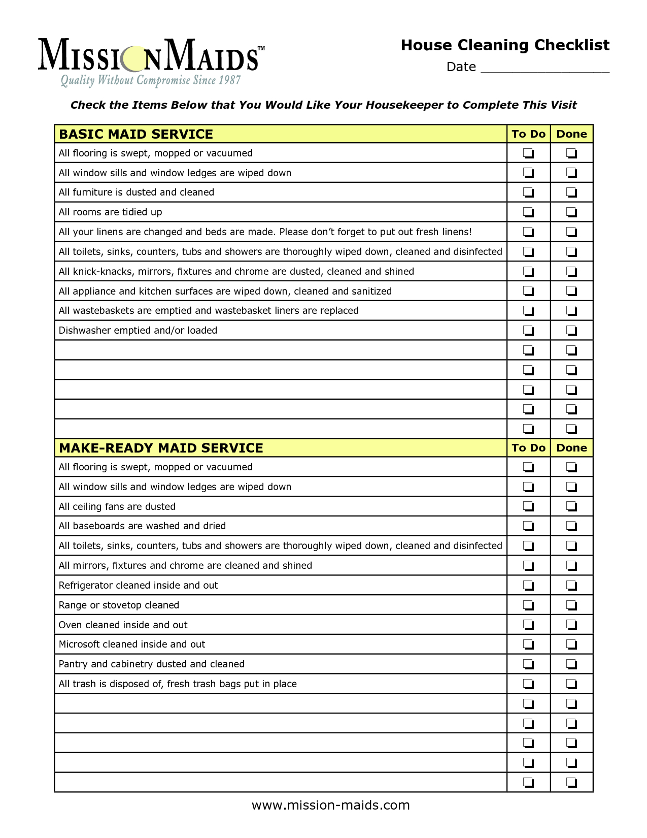 Free Printable House Cleaning Checklist For Maid | Free ...
