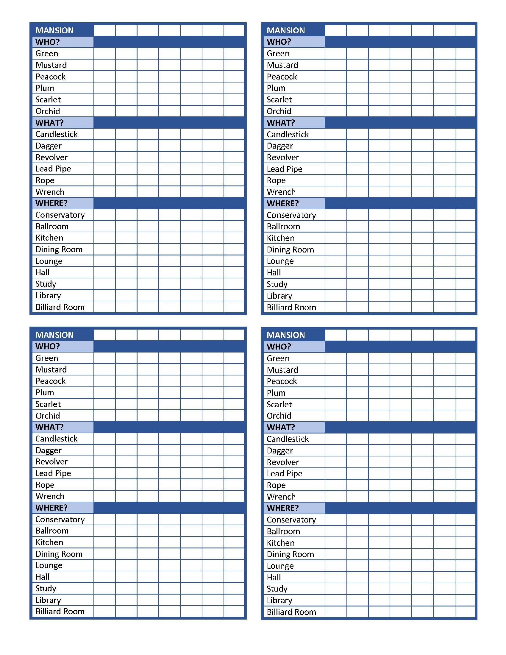 Clue Printable Game Sheets