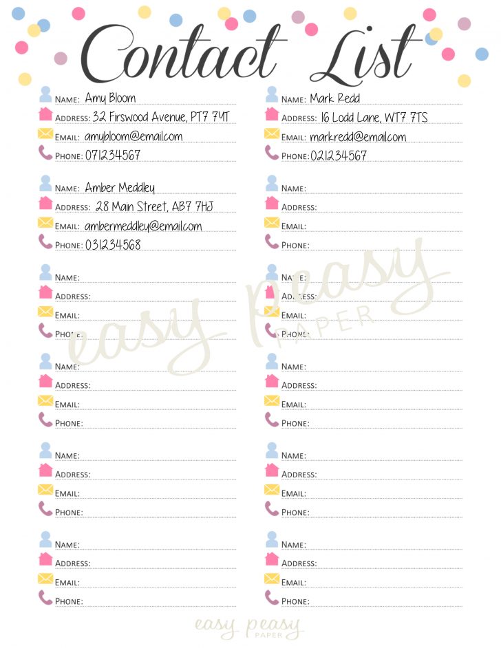 Free Printable Contact List Template