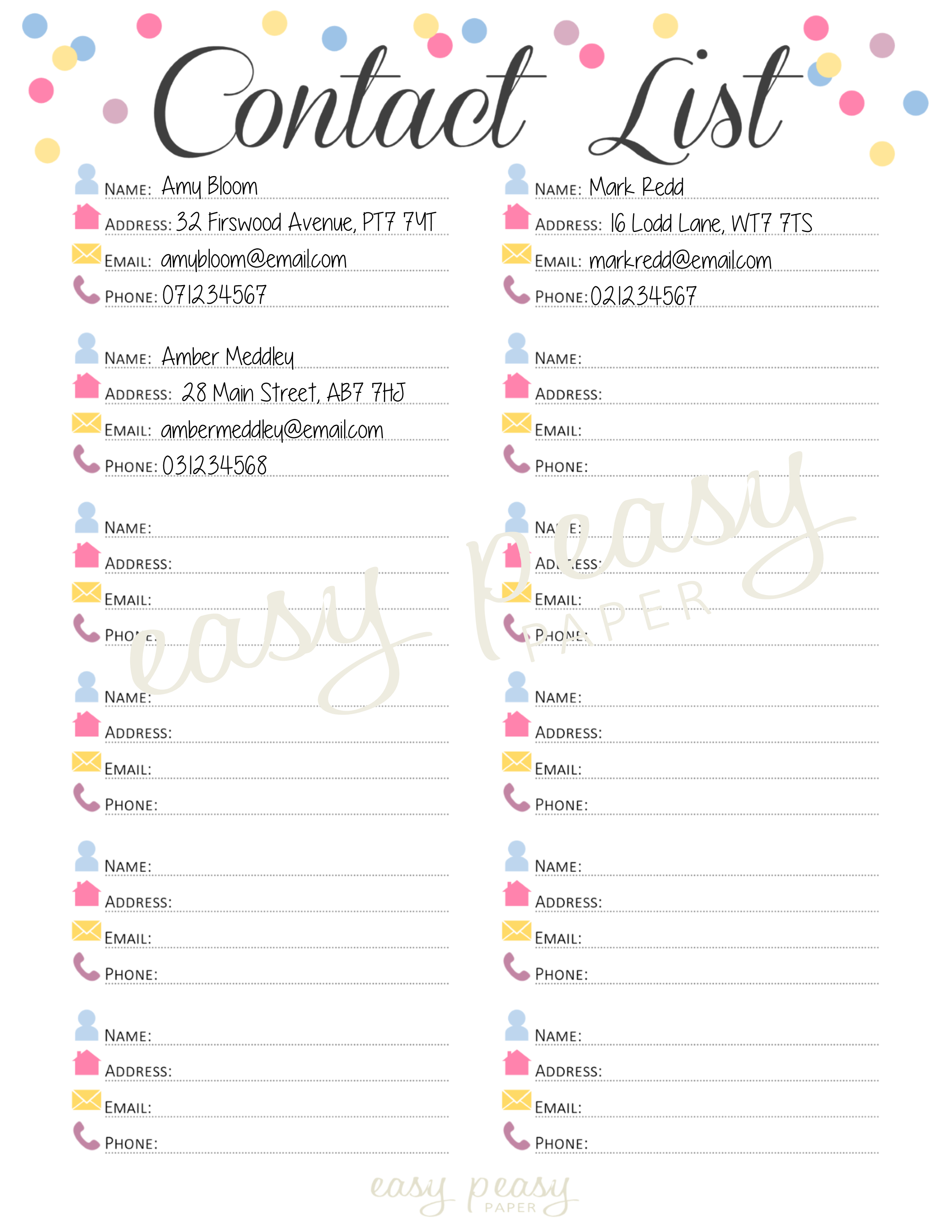 Contact List Printable From @easy Peasy Paper #easypeasypaper | Misc - Free Printable Contact List Template