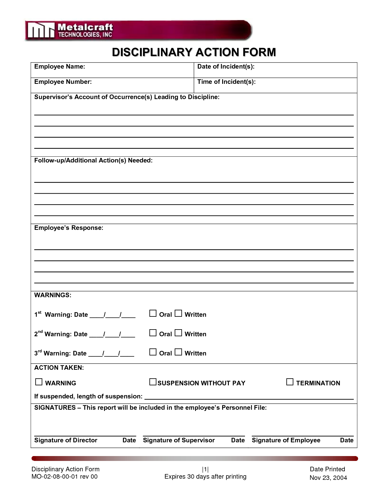 Disciplinary Action Form | Employee Forms | Employee Performance - Free Printable Hr Forms