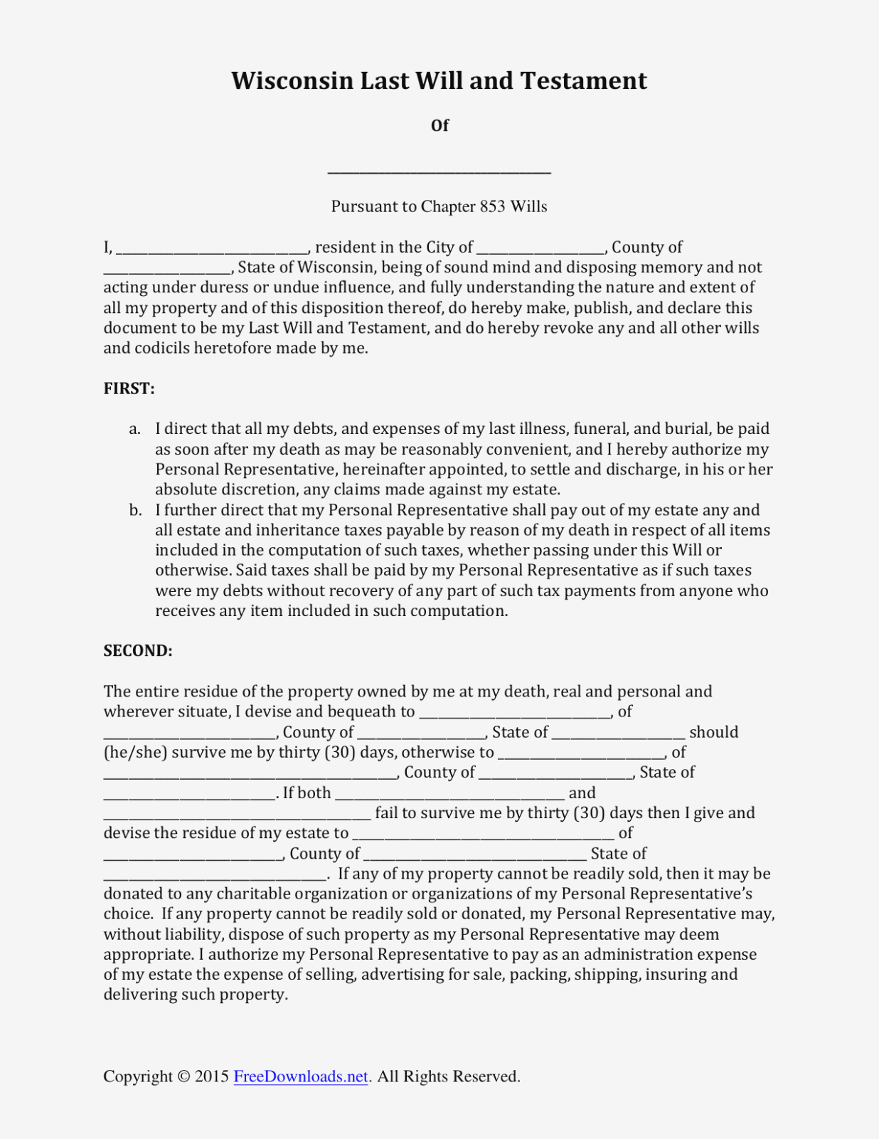 Download Wisconsin Last Will And Testament Form | Pdf | Rtf | Word - Free Printable Will Forms Download