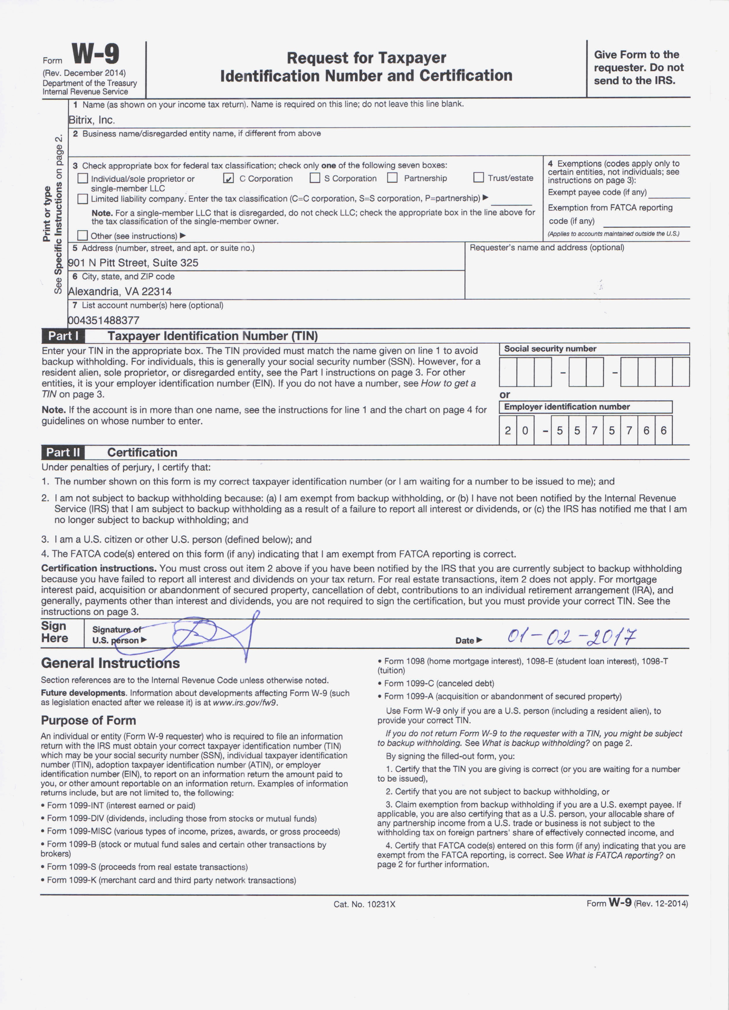 W9 2017 Printable Form