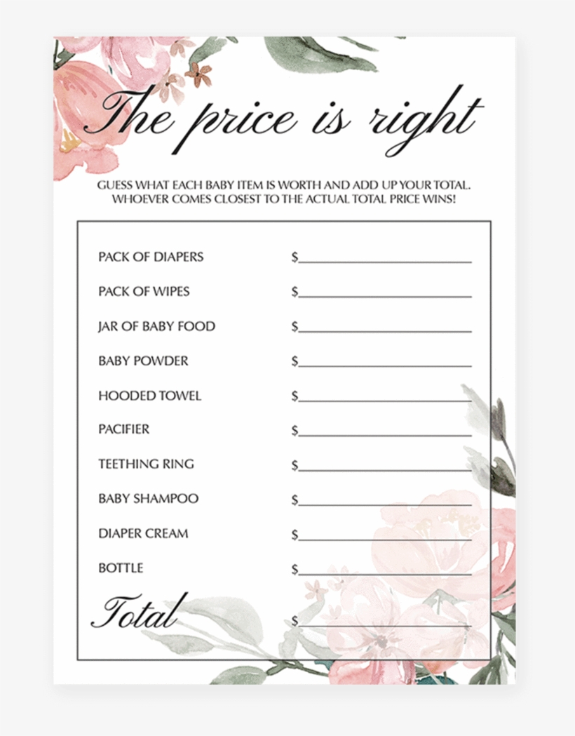 Floral Watercolor Baby Shower Price Is Right Printable - Printable - Price Is Right Baby Shower Game Free Printable