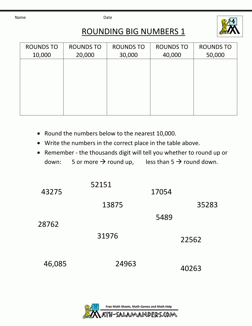 Rounding Numbers Worksheets Nearest 10 100 1000 1 Education Free Printable 4Th Grade