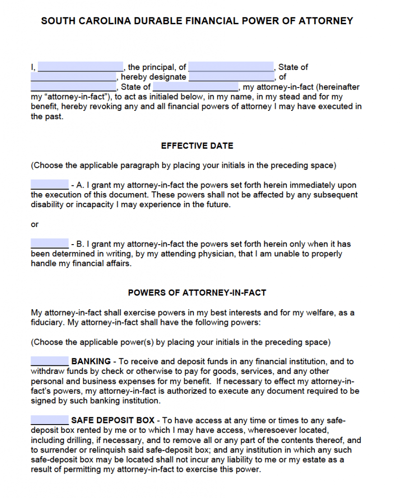 Free Durable Power Of Attorney South Carolina Form – Adobe Pdf - Free Printable Power Of Attorney Forms