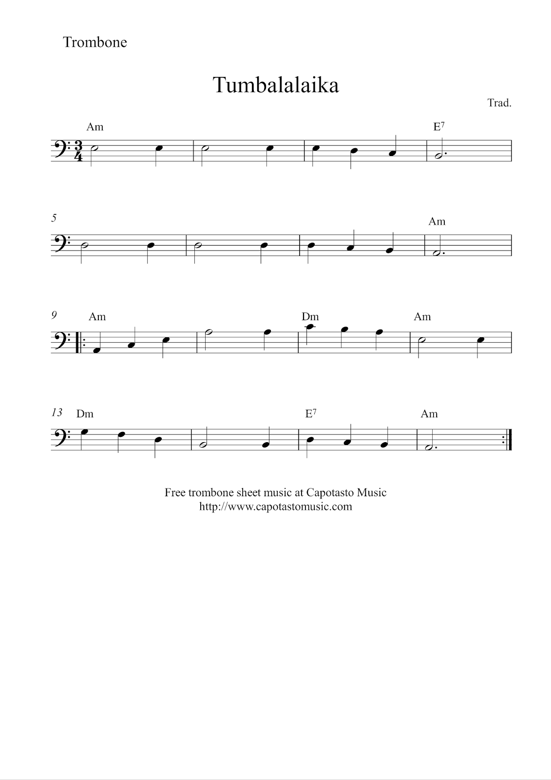 Free Easy Trombone Sheet Music, Tumbalalaika - Sheet Music For Trombone Free Printable