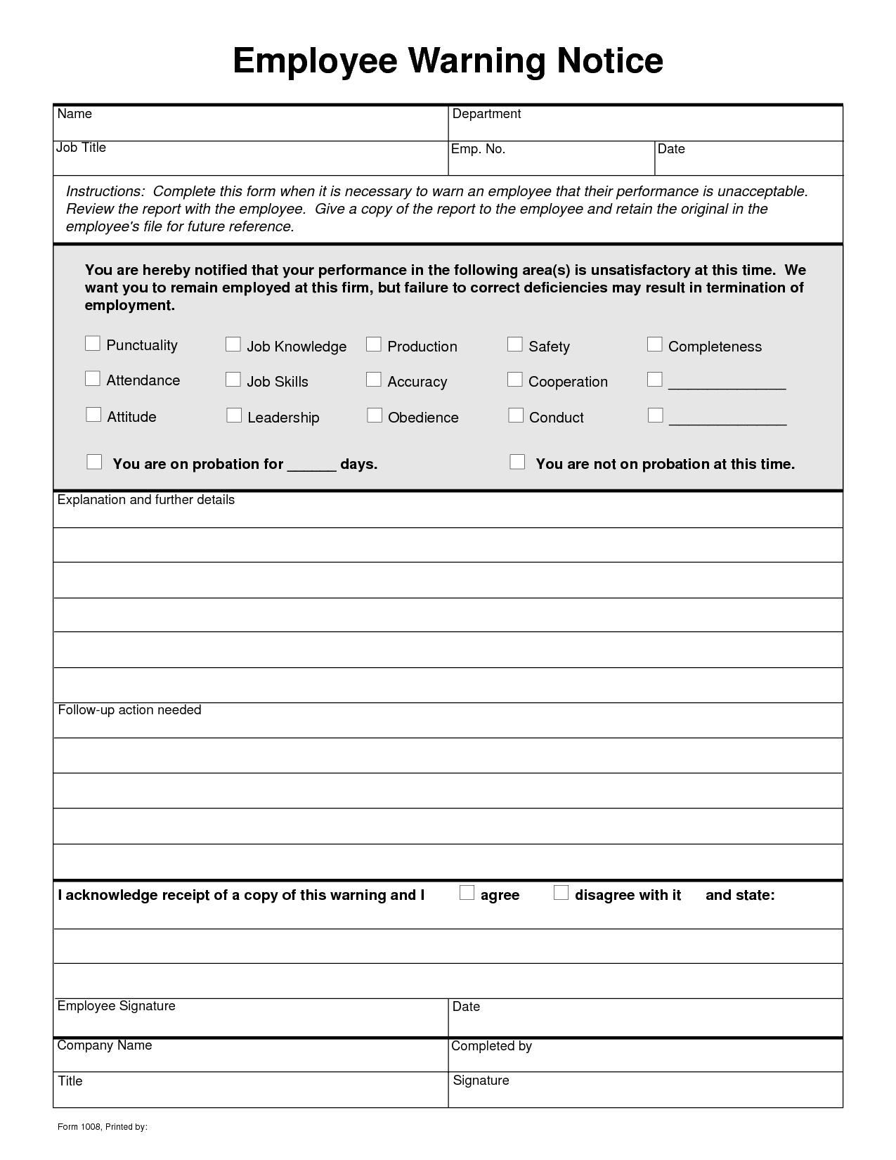 Free Employee Write Up Sheets | Employee Written Notice | Human - Free Printable Hr Forms