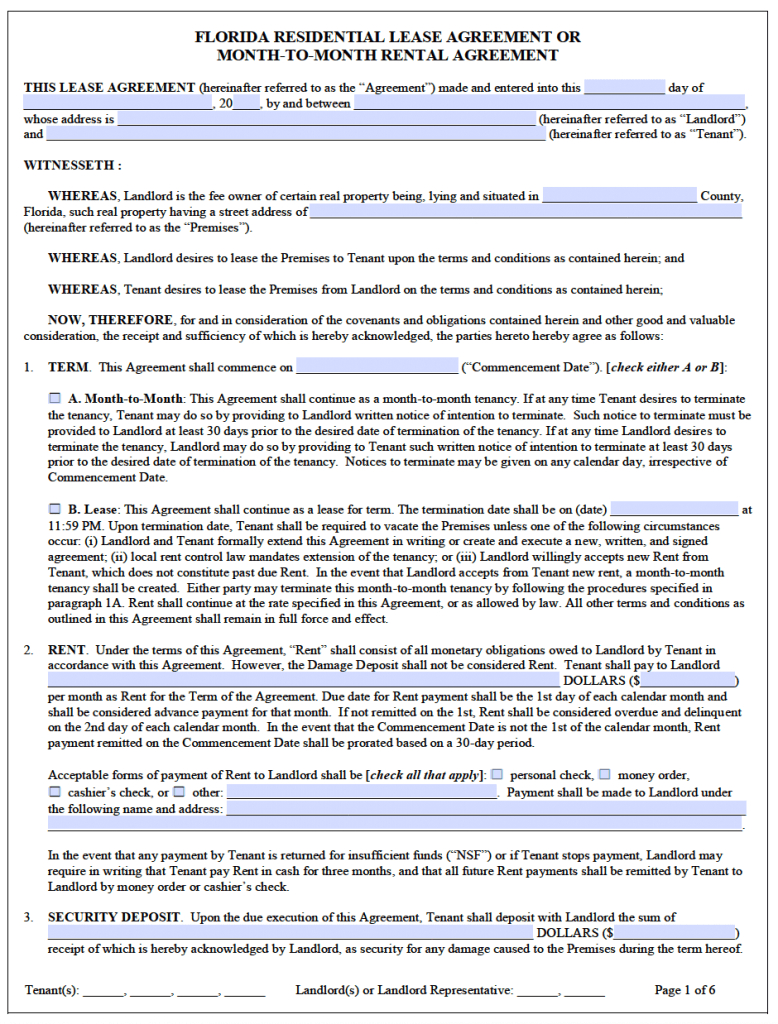 Free Florida Residential Lease Agreement Template – Pdf – Word - Free Printable Florida Residential Lease Agreement