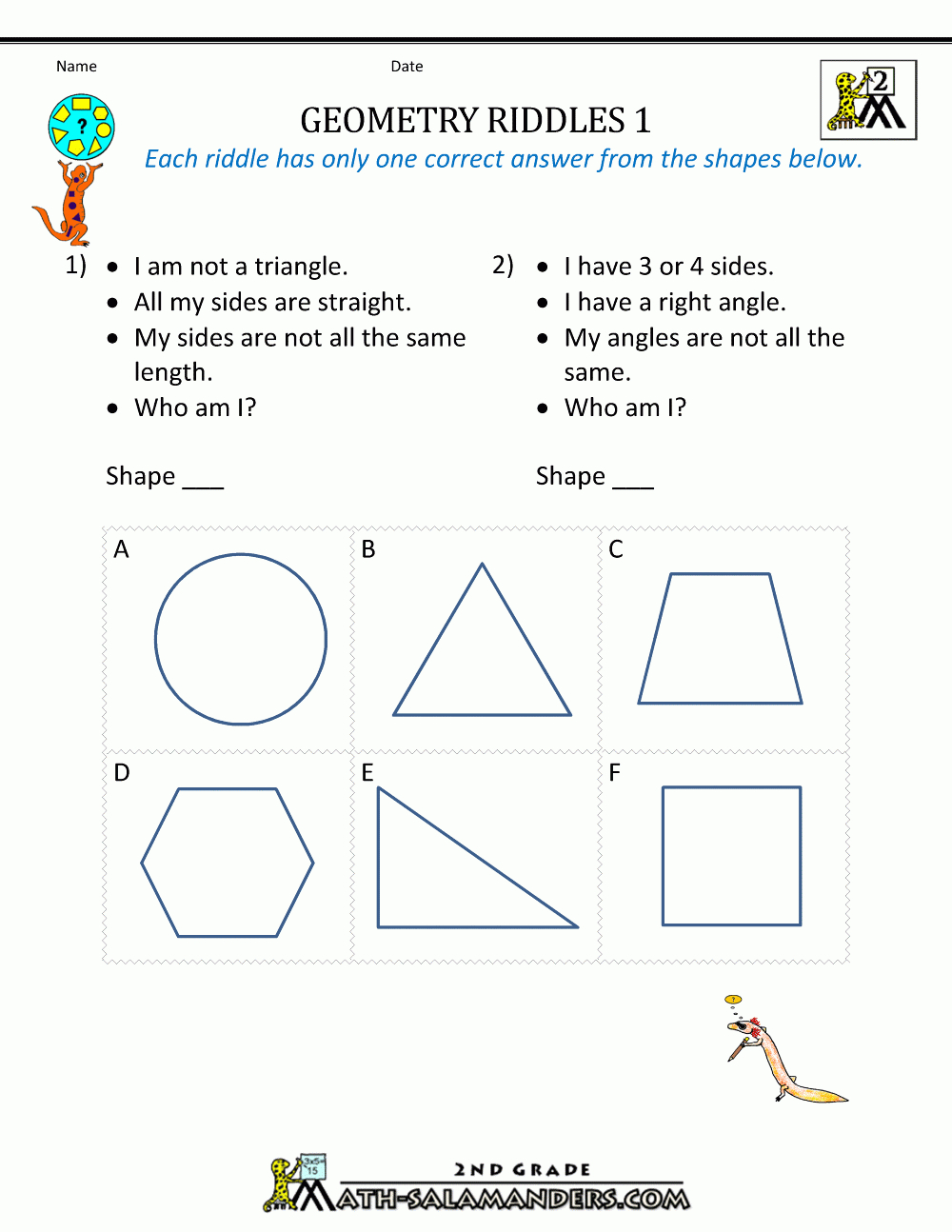 Free Geometry Worksheets 2Nd Grade Geometry Riddles - Free Printable Geometry Worksheets For 3Rd Grade