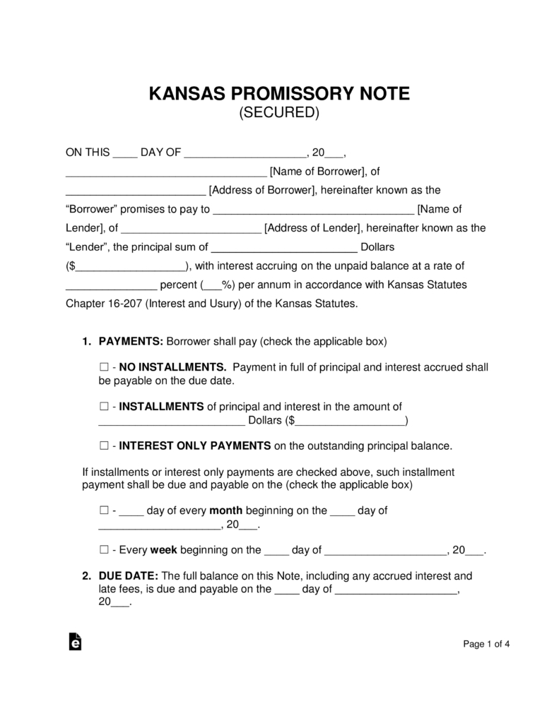 Free Kansas Promissory Note Templates - Word | Pdf | Eforms – Free - Free Printable Promissory Note Contract