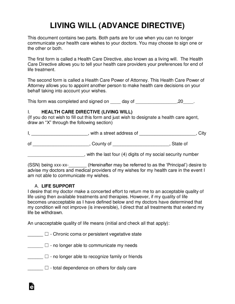 Free Living Will Forms (Advance Directive) | Medical Poa - Pdf - Free Printable Will Forms Download