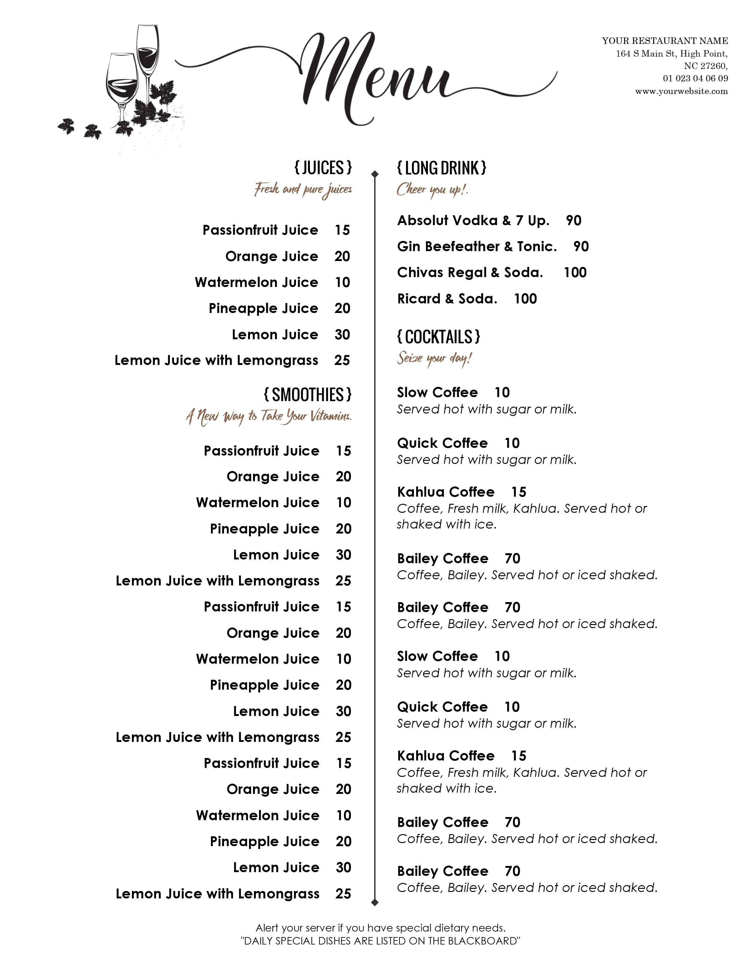 Free Menu Templates For Microsoft Word | Chart And Printable World - Free Printable Drink Menu Template