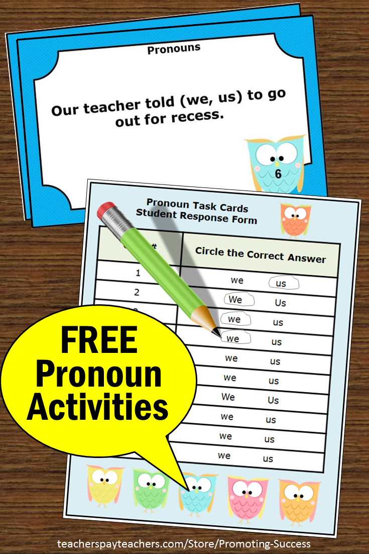 Free Personal Pronouns Task Cards { We Or Us }, Grammar Practice - Free Printable Kindergarten Task Cards
