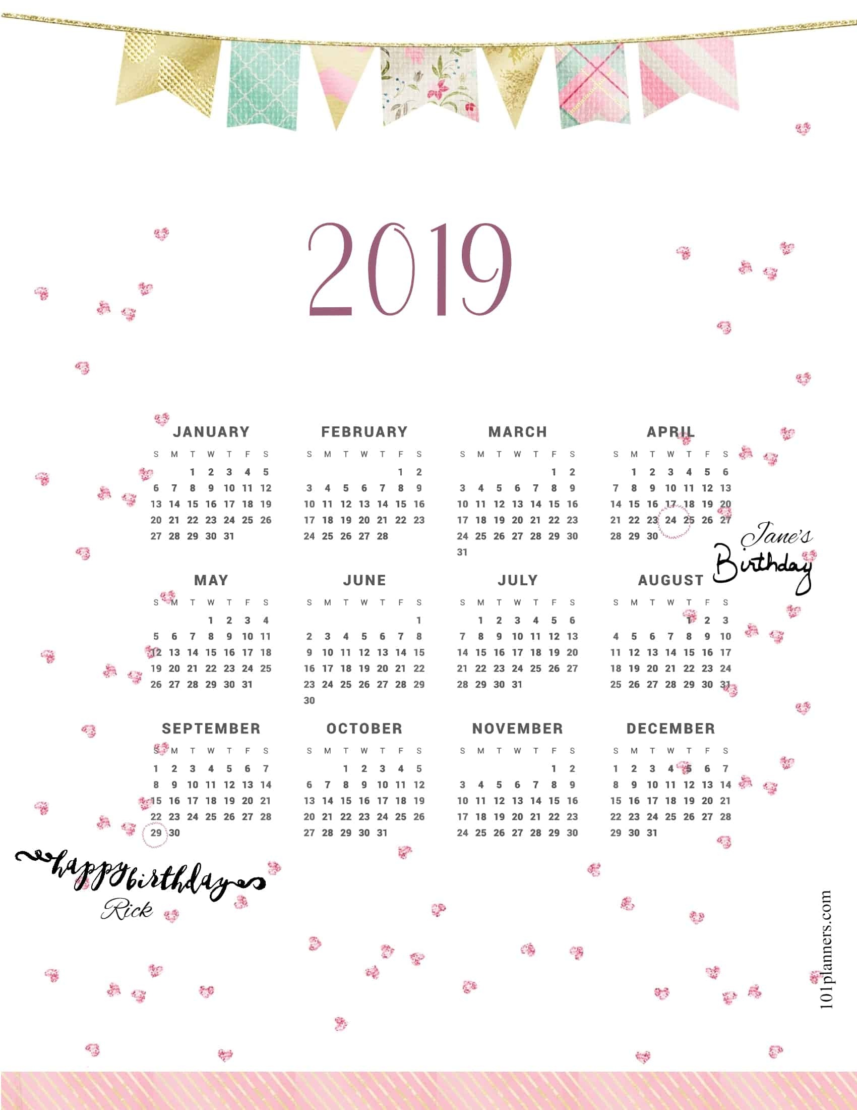 Free Printable 2019 Yearly Calendar At A Glance | 101 Backgrounds - Free Printables 2019