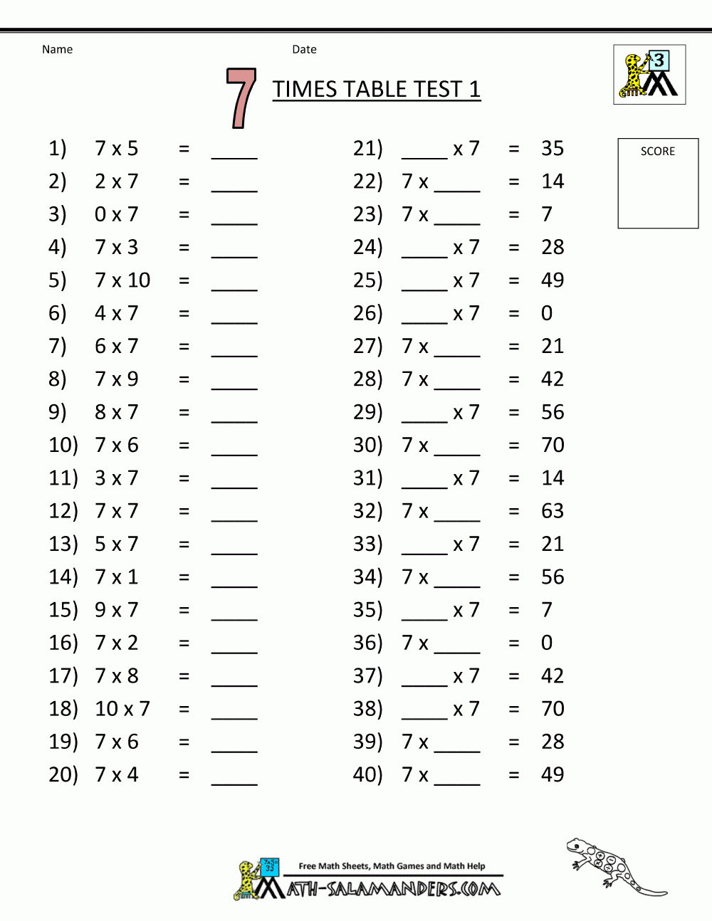 Free Printable Math Sheets 7 Times Table Test 1 | Korrutustabel - Free Printable Math Worksheets