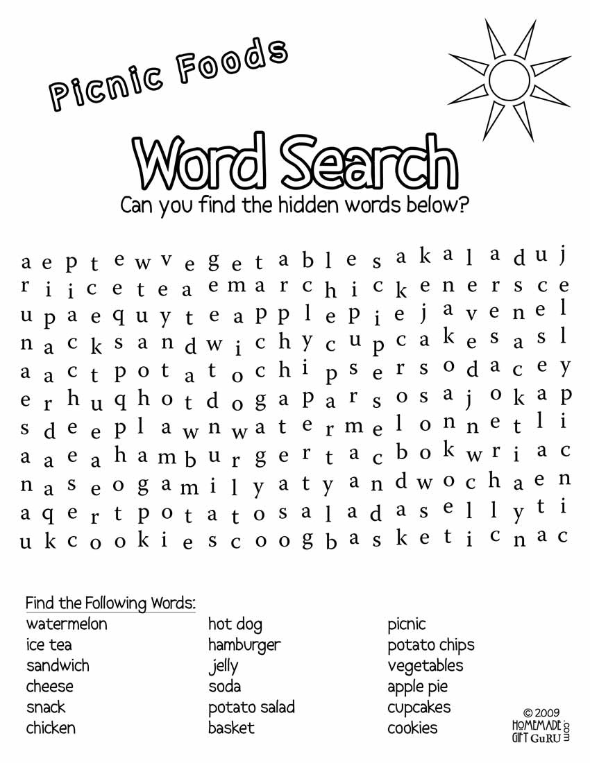 Free Printable Word Search: Picnic Foods - Word Search Free Printables For Kids