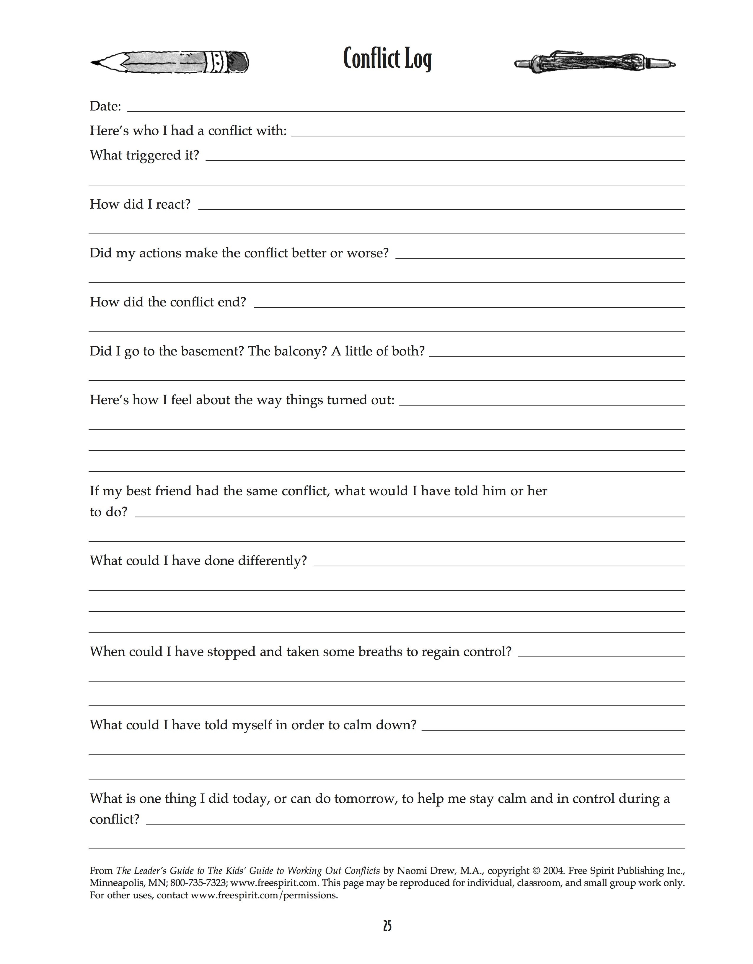 Free Printable Worksheet: Conflict Log. Help Kids Understand And - Free Printable Social Skills Activities Worksheets