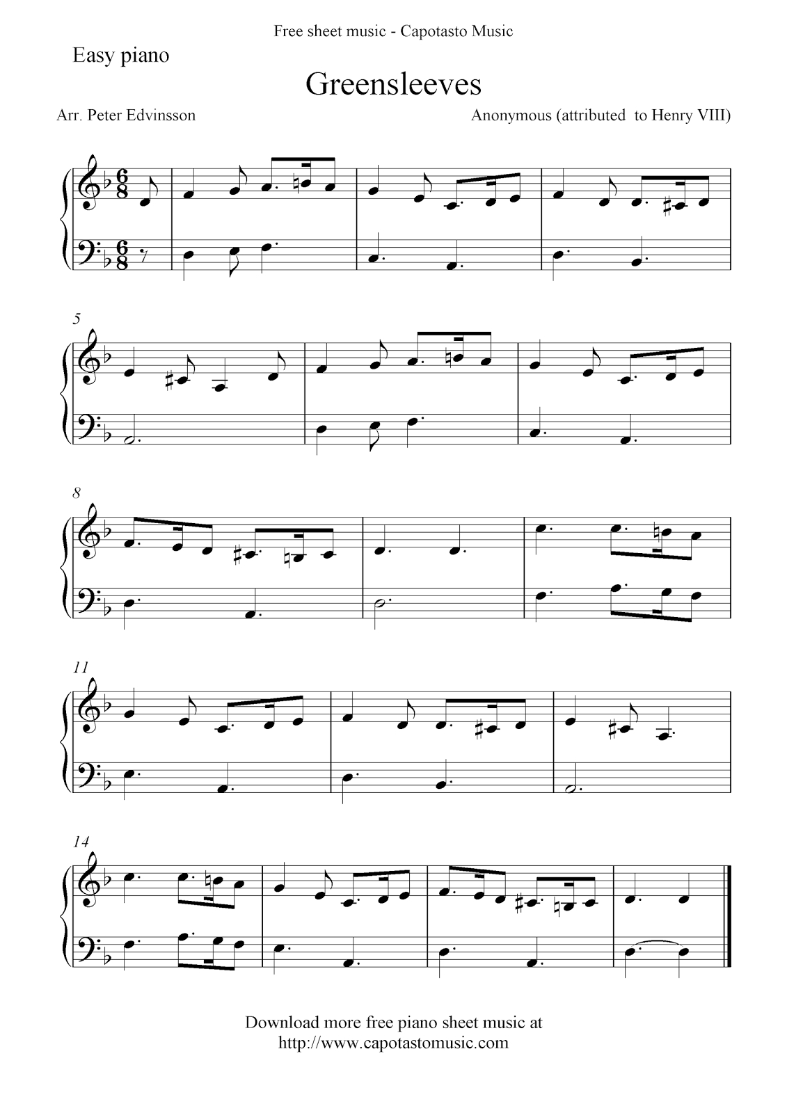 Free Sheet Music Scores: Free Piano Sheet Music Notes, Greensleeves - Free Printable Classical Sheet Music For Piano
