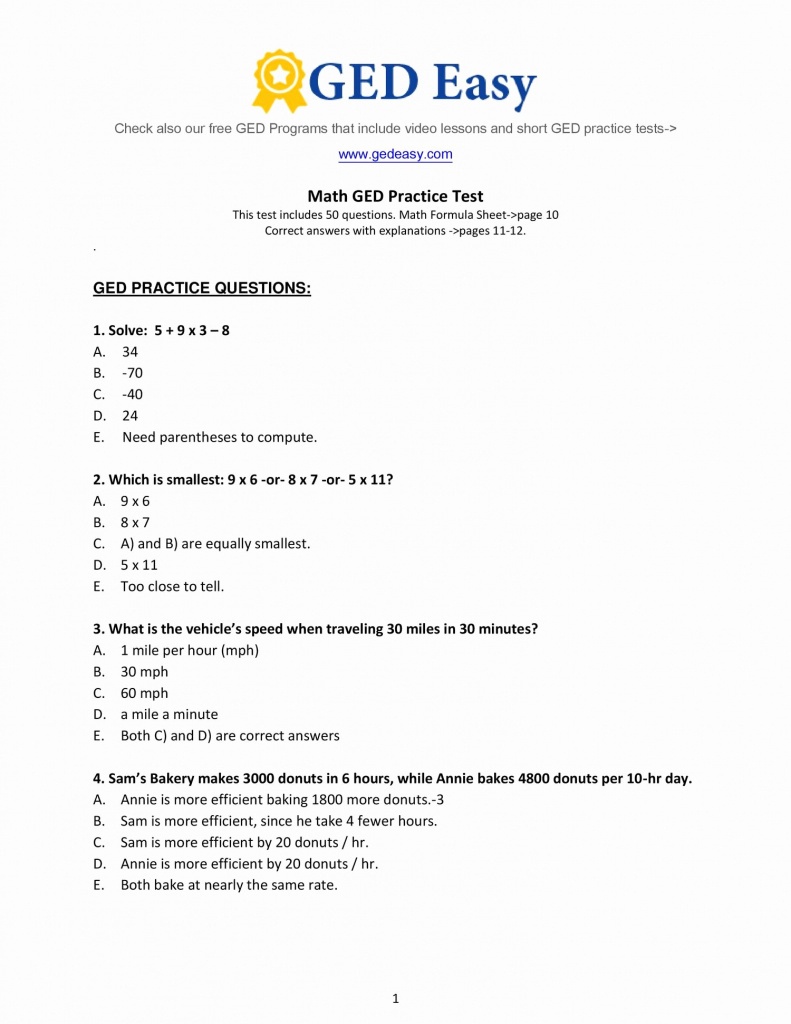 Ged Math Practice Free Unique Free Printable Ged Worksheets Within - Free Printable Ged Practice Test With Answer Key