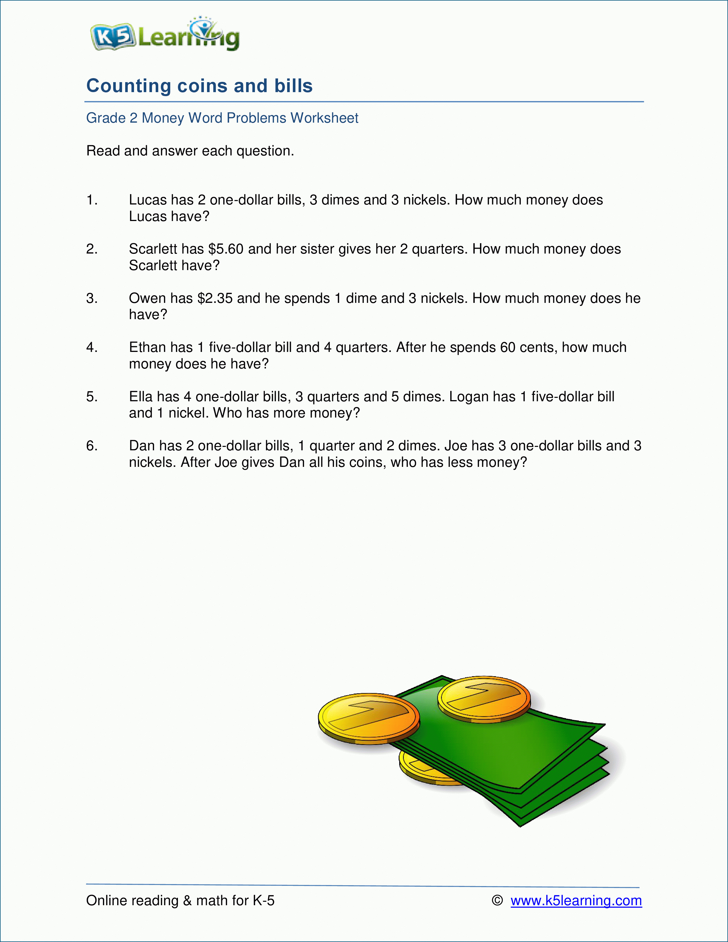 Grade 2 Money Word Problem Worksheets | K5 Learning - K5 Learning Free Printable Worksheets