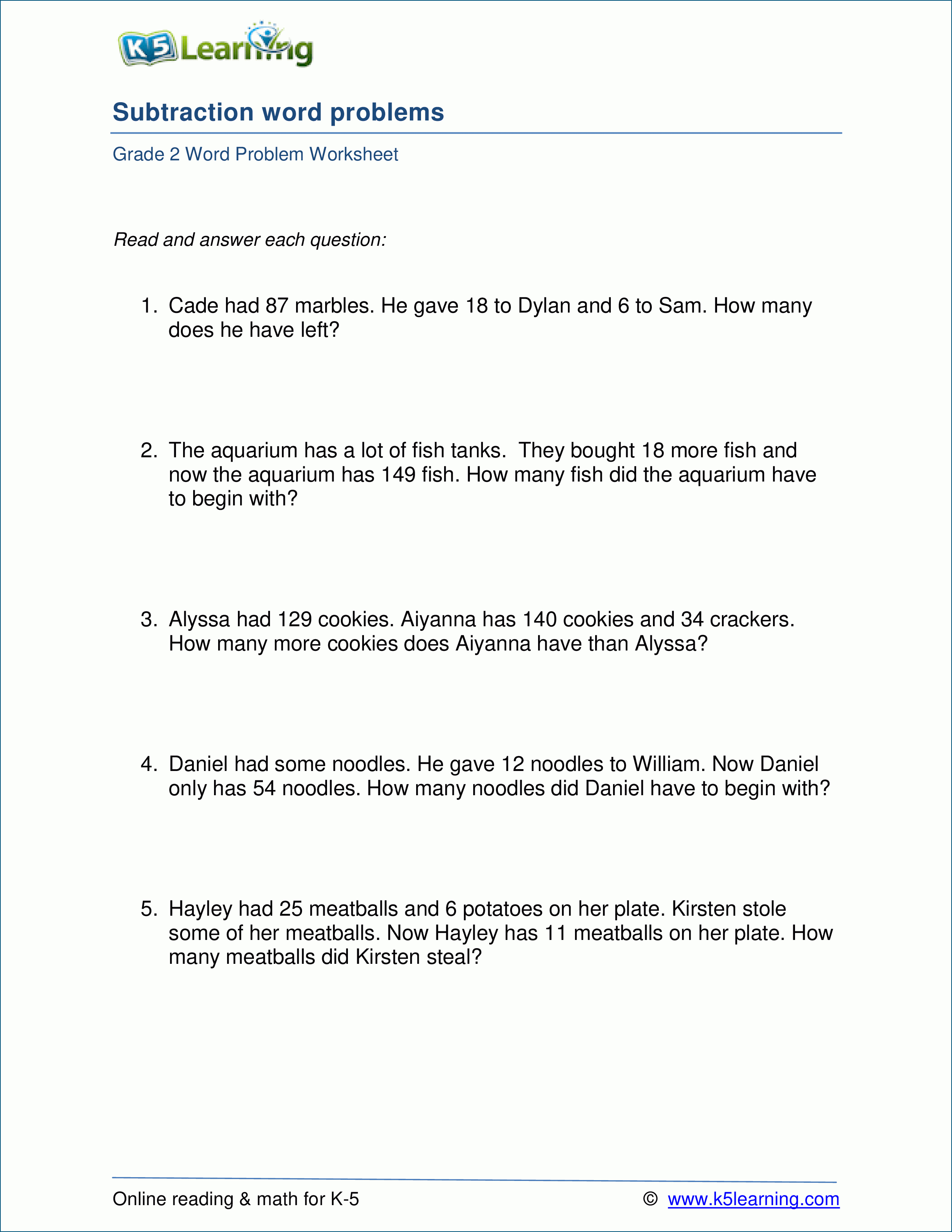 Grade 2 Subtraction Word Problem Worksheets (1-3 Digits) | K5 Learning - K5 Learning Free Printable Worksheets