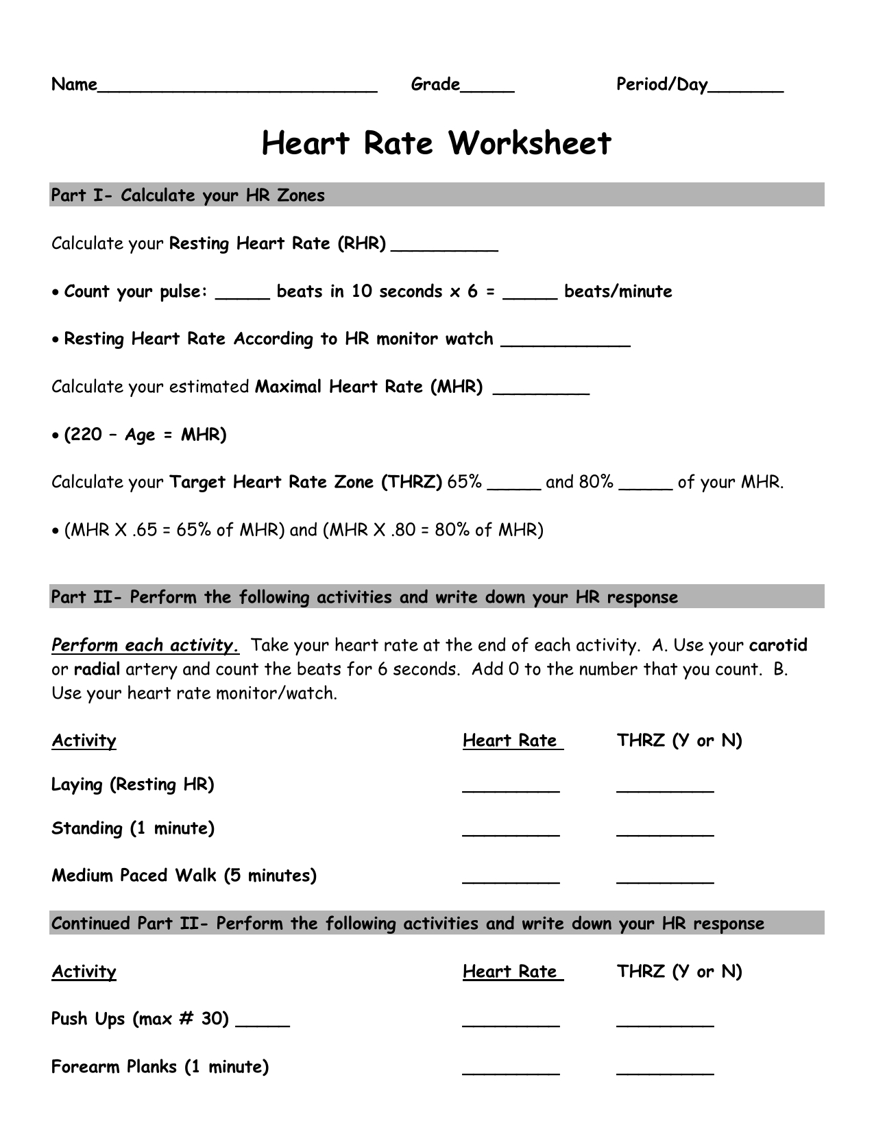 Heart Rate Activity Worksheet - Belle Vernon Area School District - Free Printable Health Worksheets For Middle School