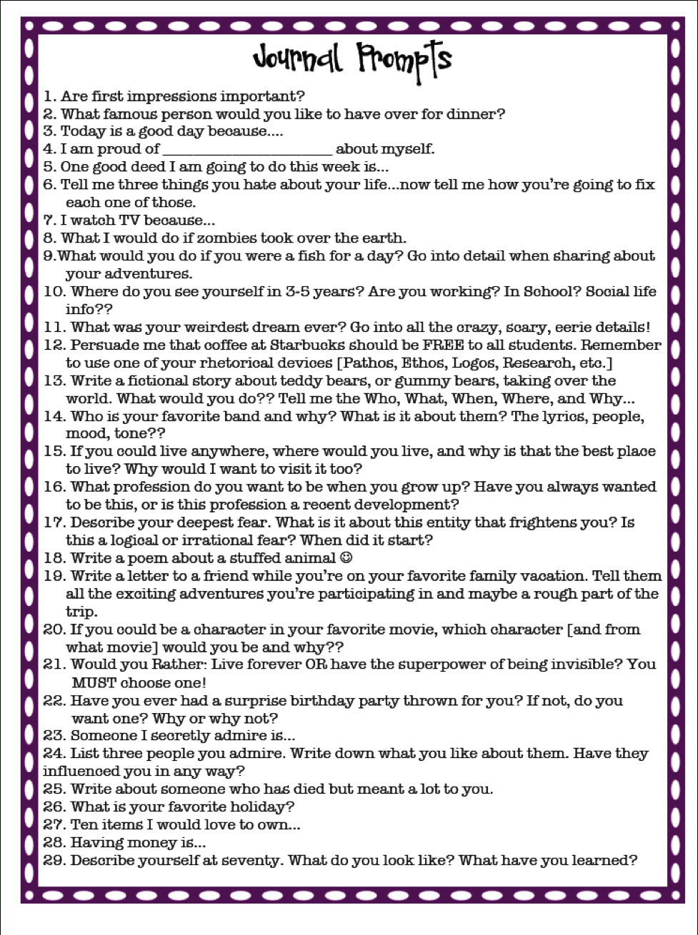 Journal Prompts For High School/middle School. Free Printable - Free Printable Writing Prompts For Middle School