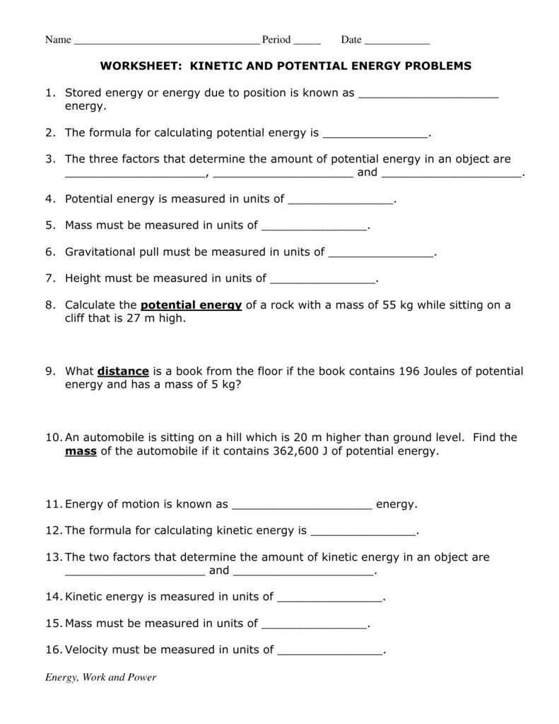 Kinetic Energy And Potential Energy Worksheet - Soccerphysicsonline - Free Printable Worksheets On Potential And Kinetic Energy