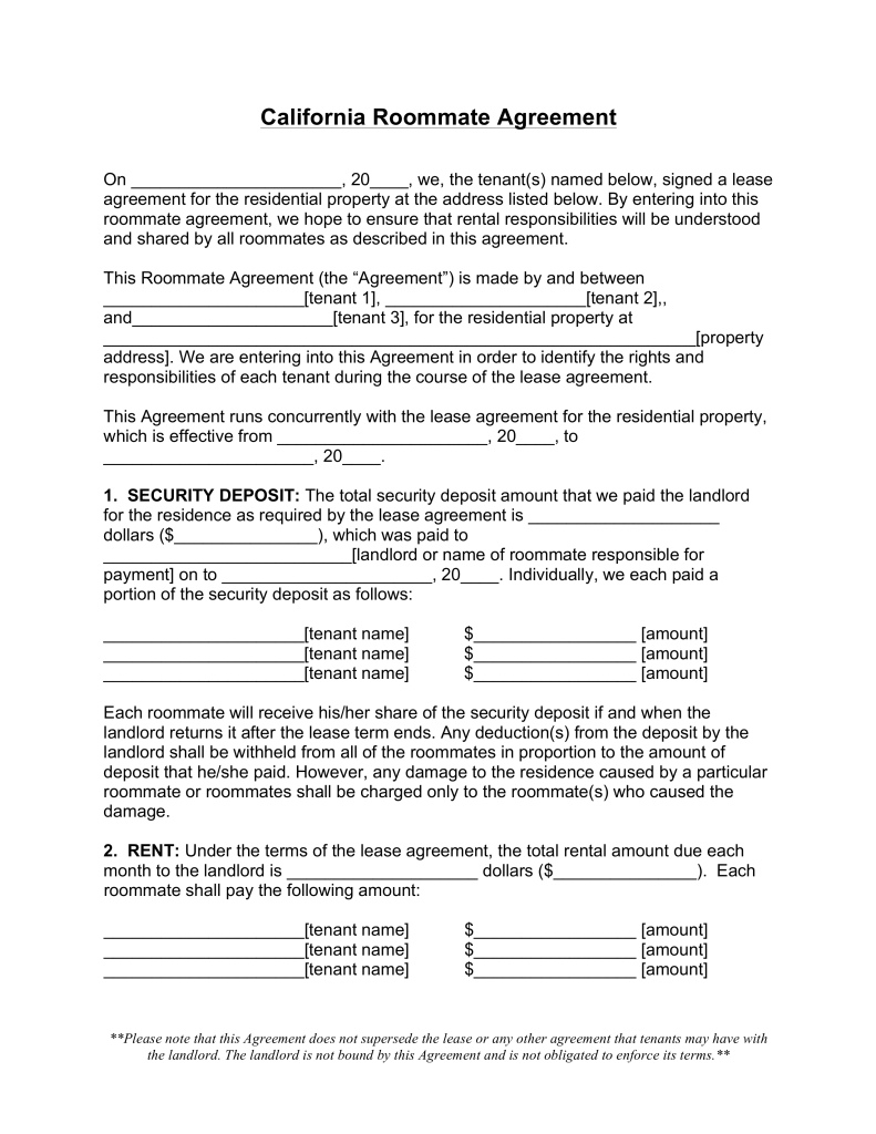 Landlord Roommate Lease Agreement New Free California Roommate Room - Free Printable Roommate Rental Agreement