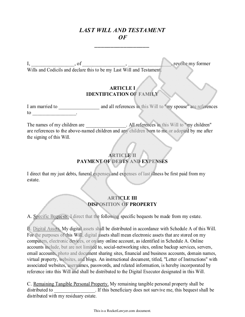 Last Will - Free Last Will And Testament Form, Document Sample - Free Printable Will Papers