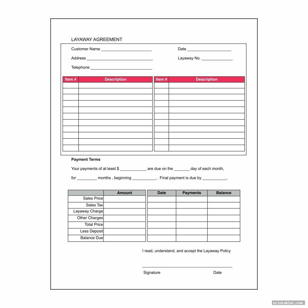 Layaway Agreement Form Printable - Printabler - Free Printable Layaway Forms