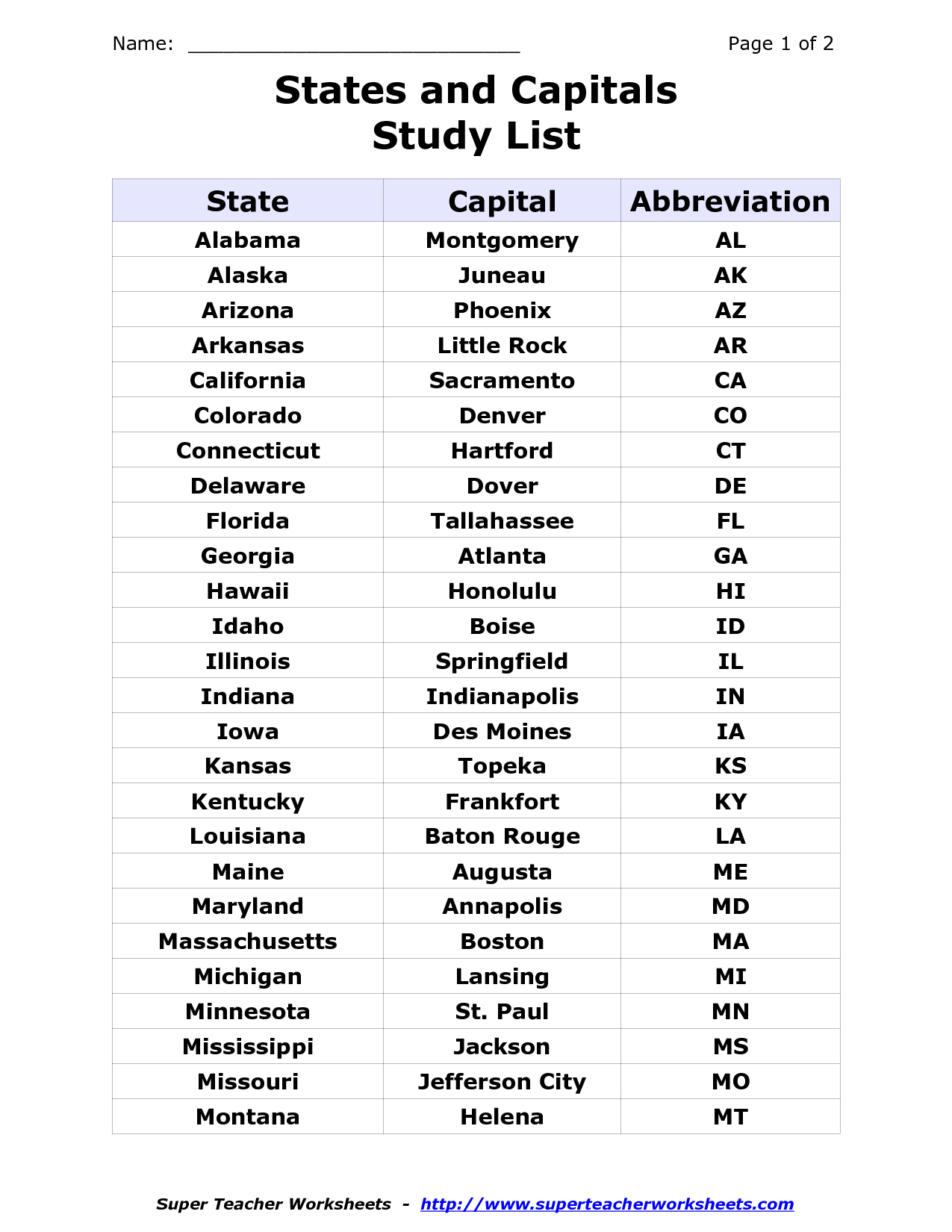 50 State Capitals Social Studies English Worksheets For Kids Free