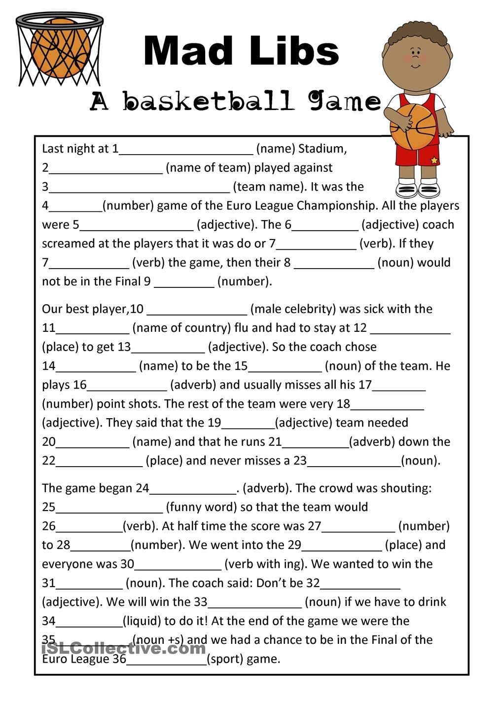 Mad Libs Basketball Game | Teaching Esl | Basketball Games For Kids - Printable Free Mad Libs Sheets