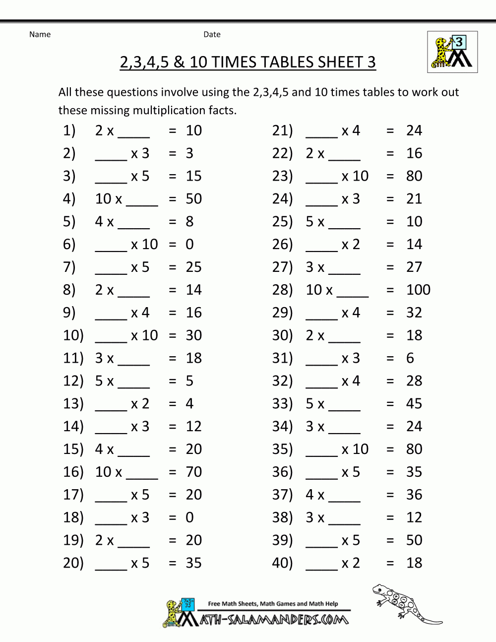Math Worksheets 3Rd Grade Multiplication 2 3 4 5 10 Times Tables 3 - Free Printable Time Worksheets For Grade 3